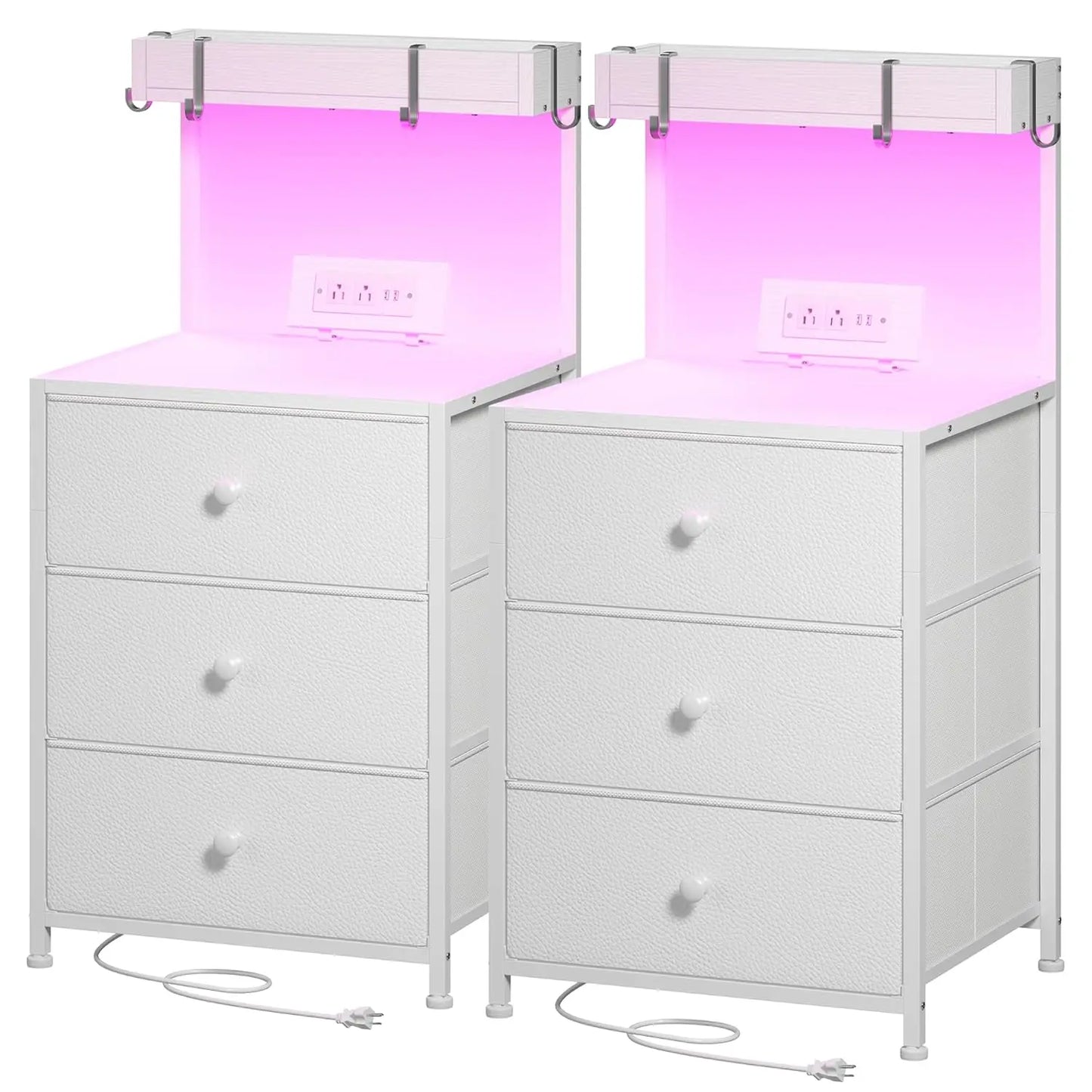 Tall Nightstand Set of 2 With Charging Station LED Drawers