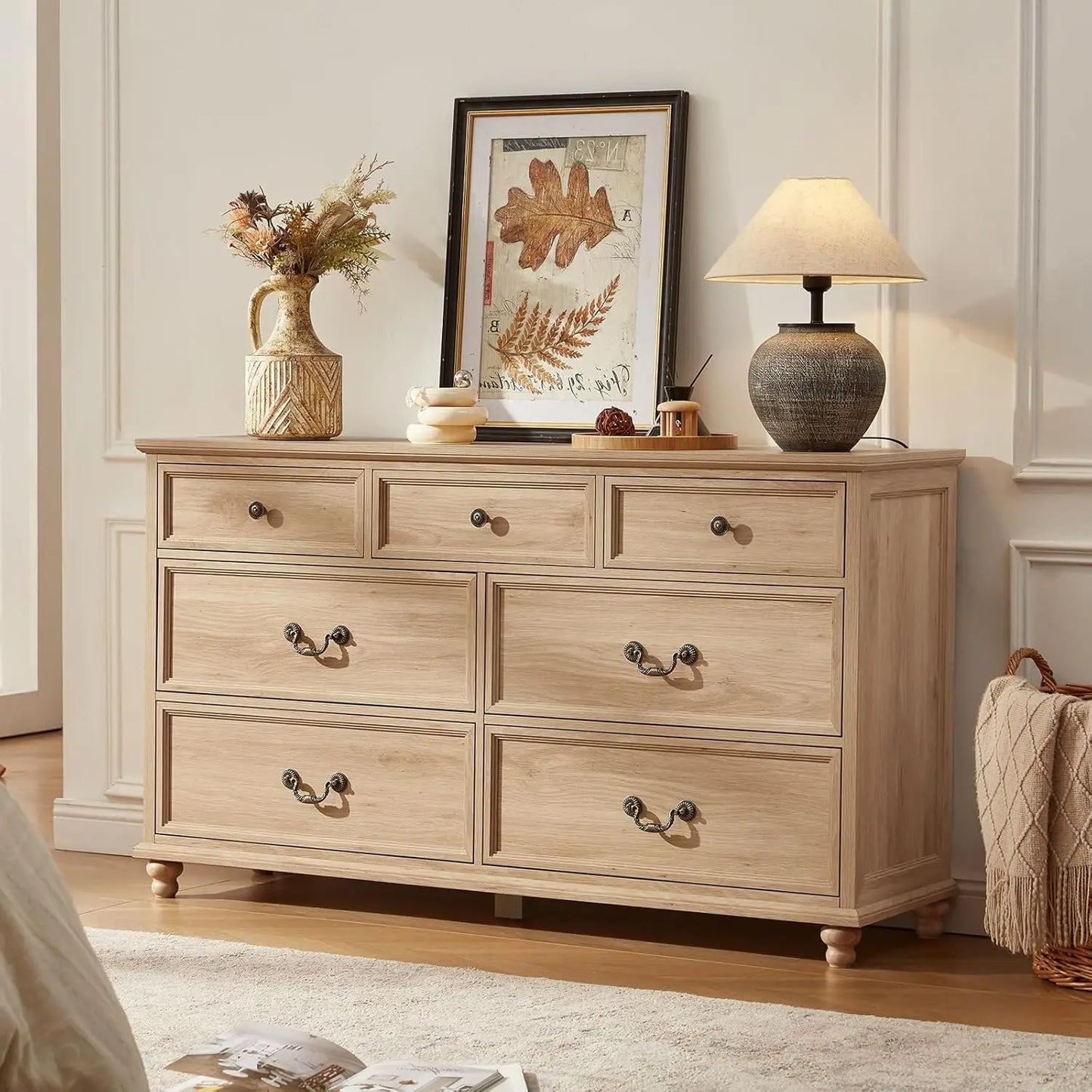 Farmhouse 54" 7 Drawers Dresser for Bedroom, Wide Wood Chest of Drawers w/ 4 Wooden Legs, Vintage Large Storage, Customized