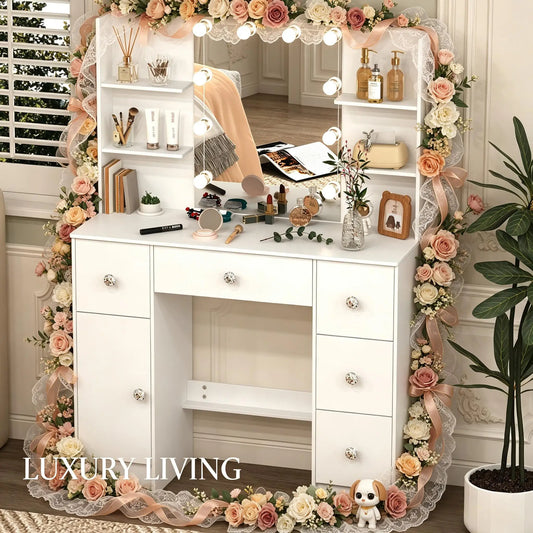 Large White Light Luxury Vanity Set, 3 Color Dimmable LED Mirror, 5 Drawers, Sturdy Frame Easy Assembly