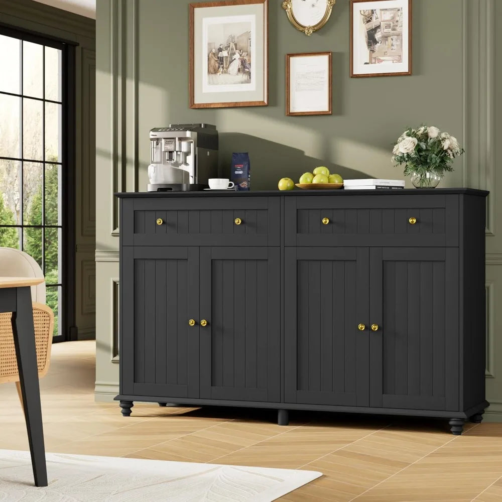 Buffet Cabinet with Storage, 55.1” Large Sideboard Buffet, Black Kitchen Cabinet with 2 Drawers and 4 Doors