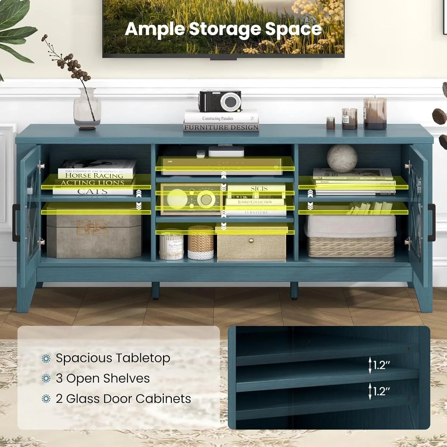Farmhouse TV Stand With Glass Doors And Adjustable Shelves