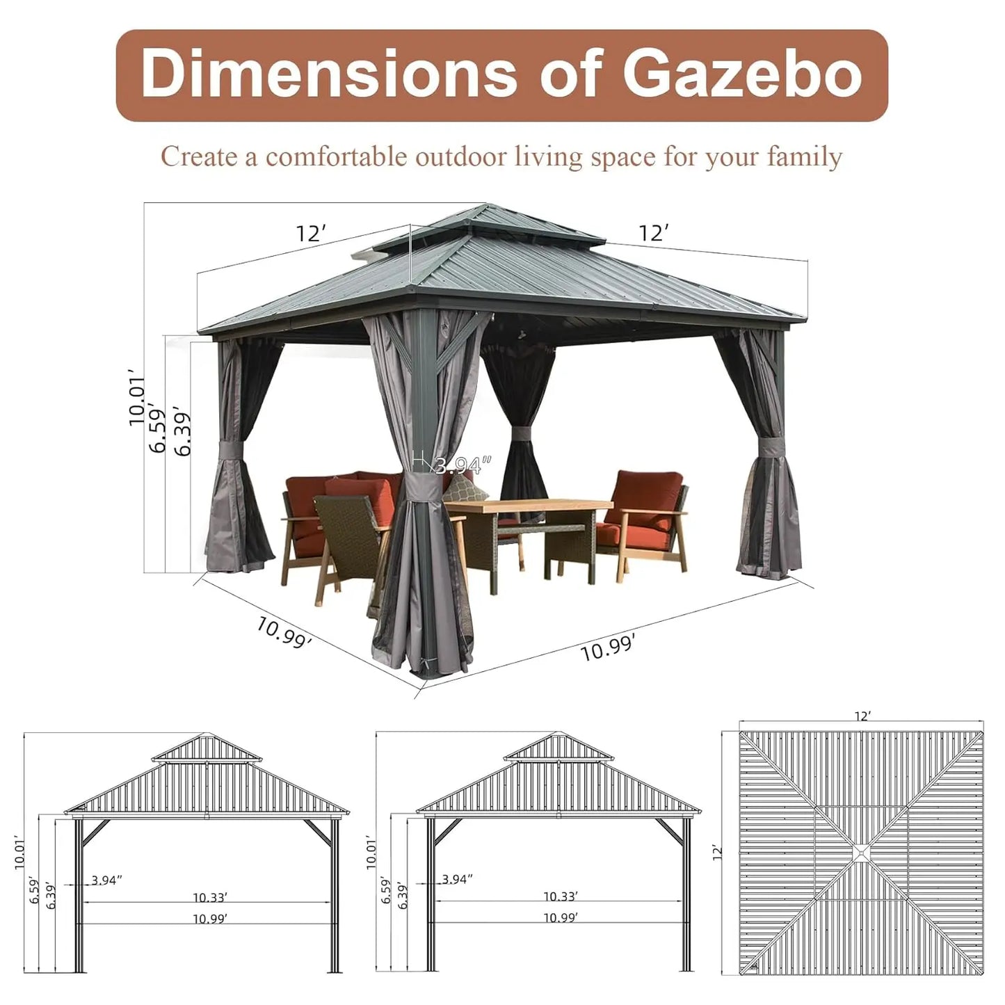 Hardtop Outdoor Gazebo With Aluminum Frame And Galvanized Roof Canopy