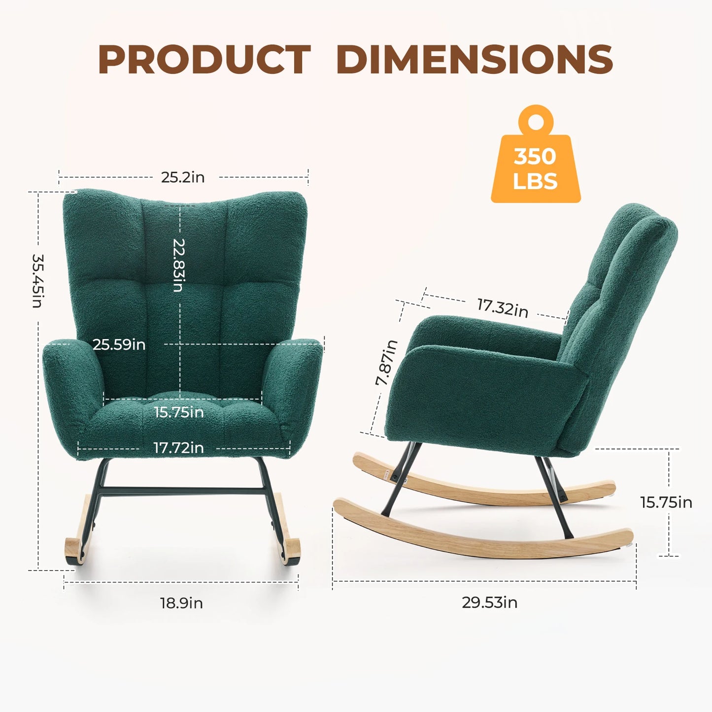 JHK Teddy Upholstered Saucer Rocking Chair with High Backrest Armchair Padded Seat Metal Frame Reading Chair for Living Room
