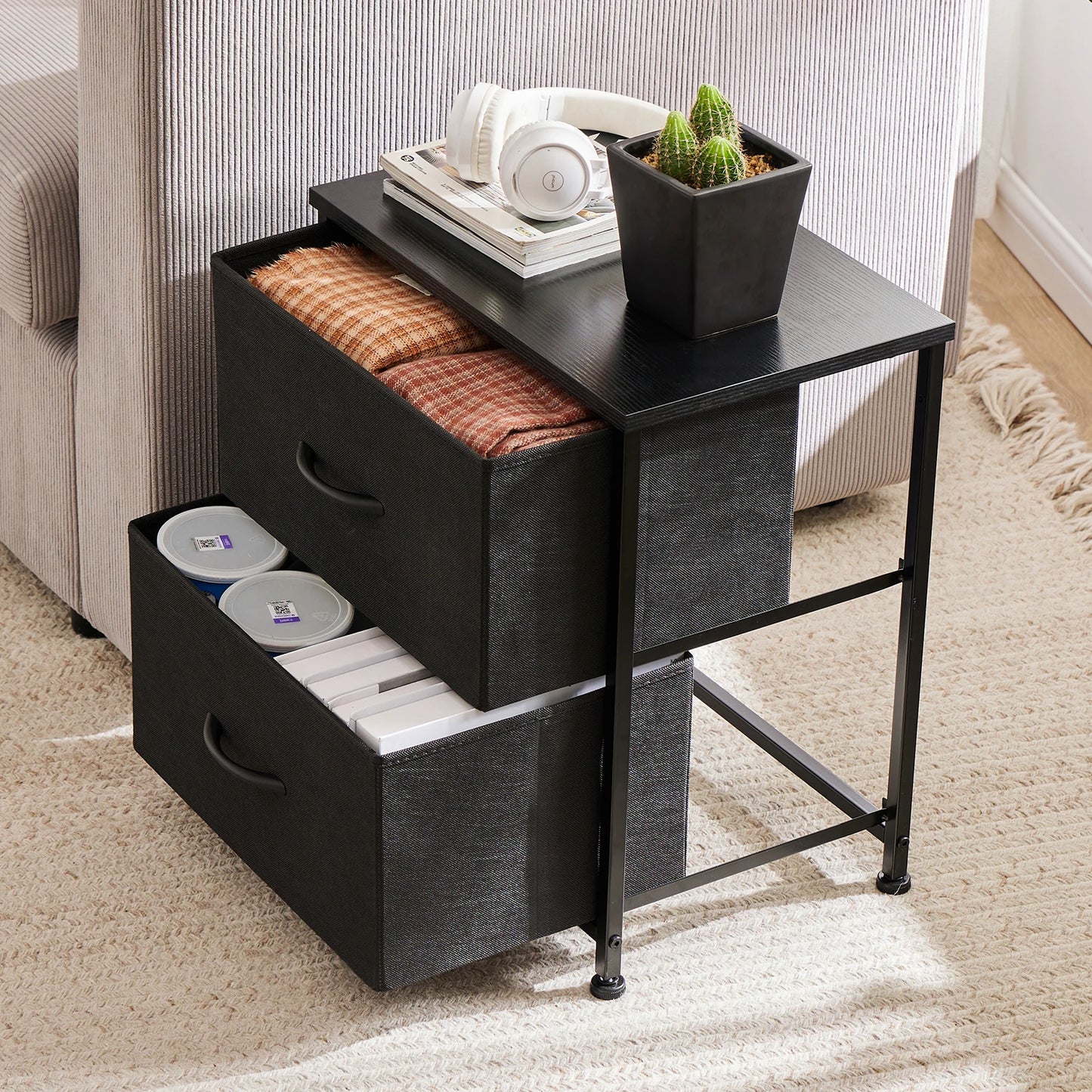 JHK Nightstand Bedside Table With Fabric Drawers For Bedroom Furniture