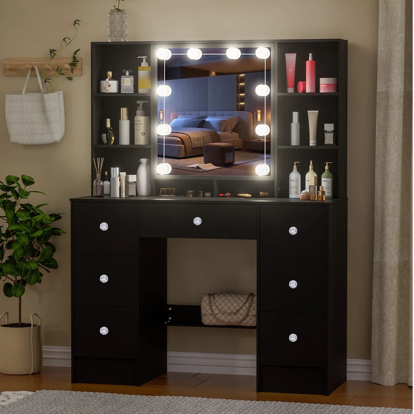 Large Light Luxury Vanity Set, 3 Color Dimmable LED Mirror, 5 Drawers Sturdy Frame Bedroom Easy Assembly