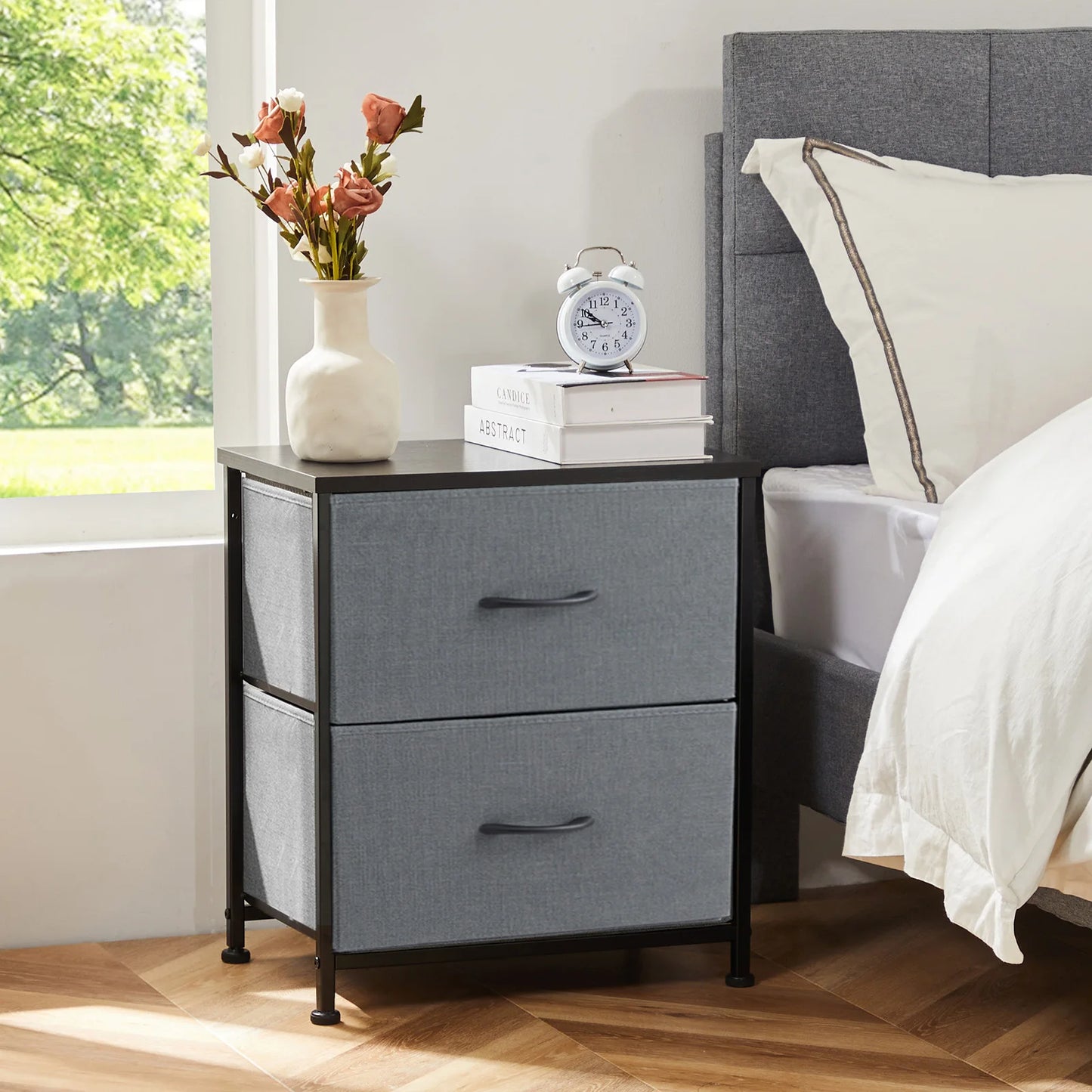 JHK Nightstand Bedside Table With Fabric Drawers And Cabinet