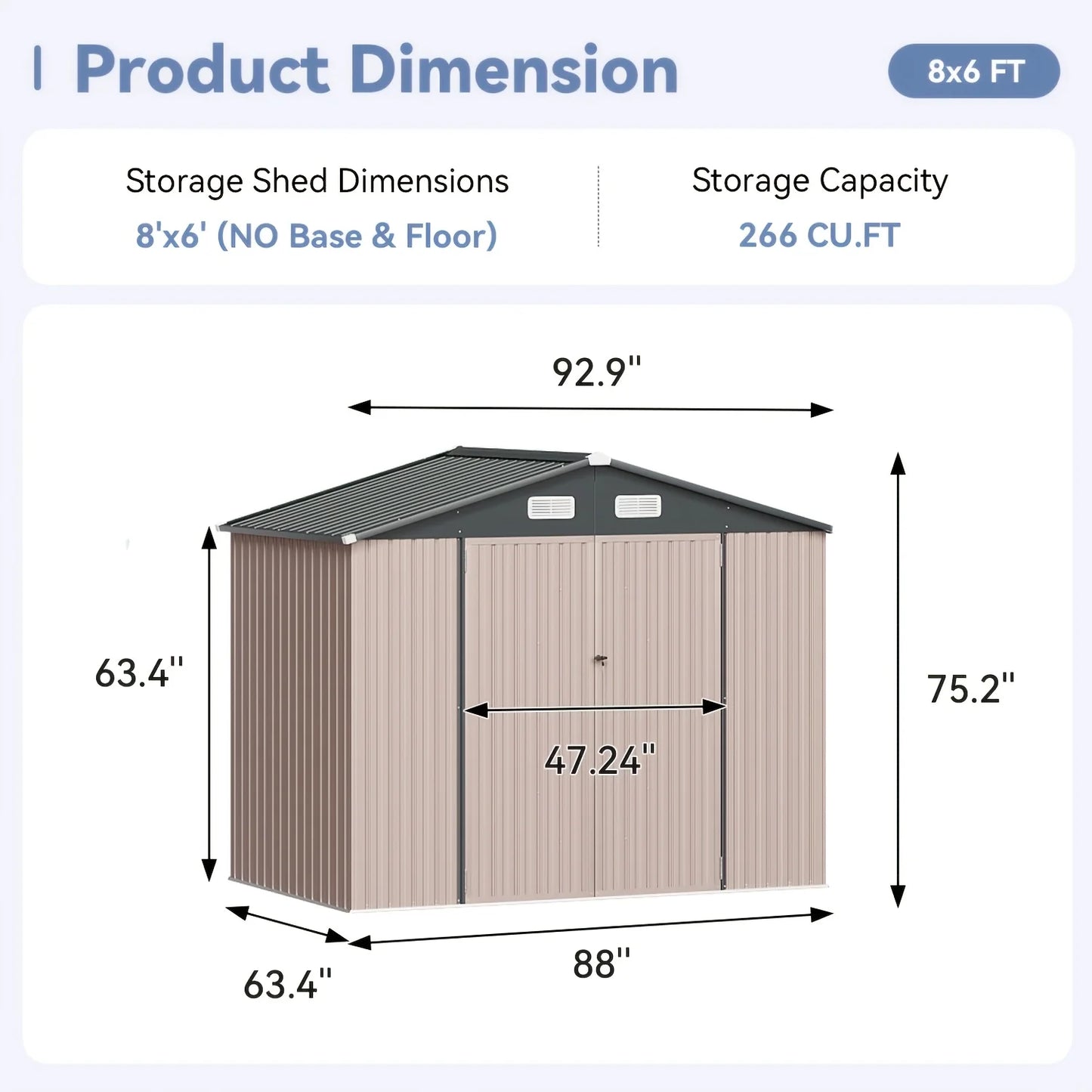 Stylish Gable Roof Metal Storage Shed – 6x4ft / 8x6ft / 10x8ft Options | Lockable Double Doors, Ventilation Panels & Rust-Resistant Coated Steel Construction | Ideal for Garden Tools, Patio Gear or Backyard Organization | E