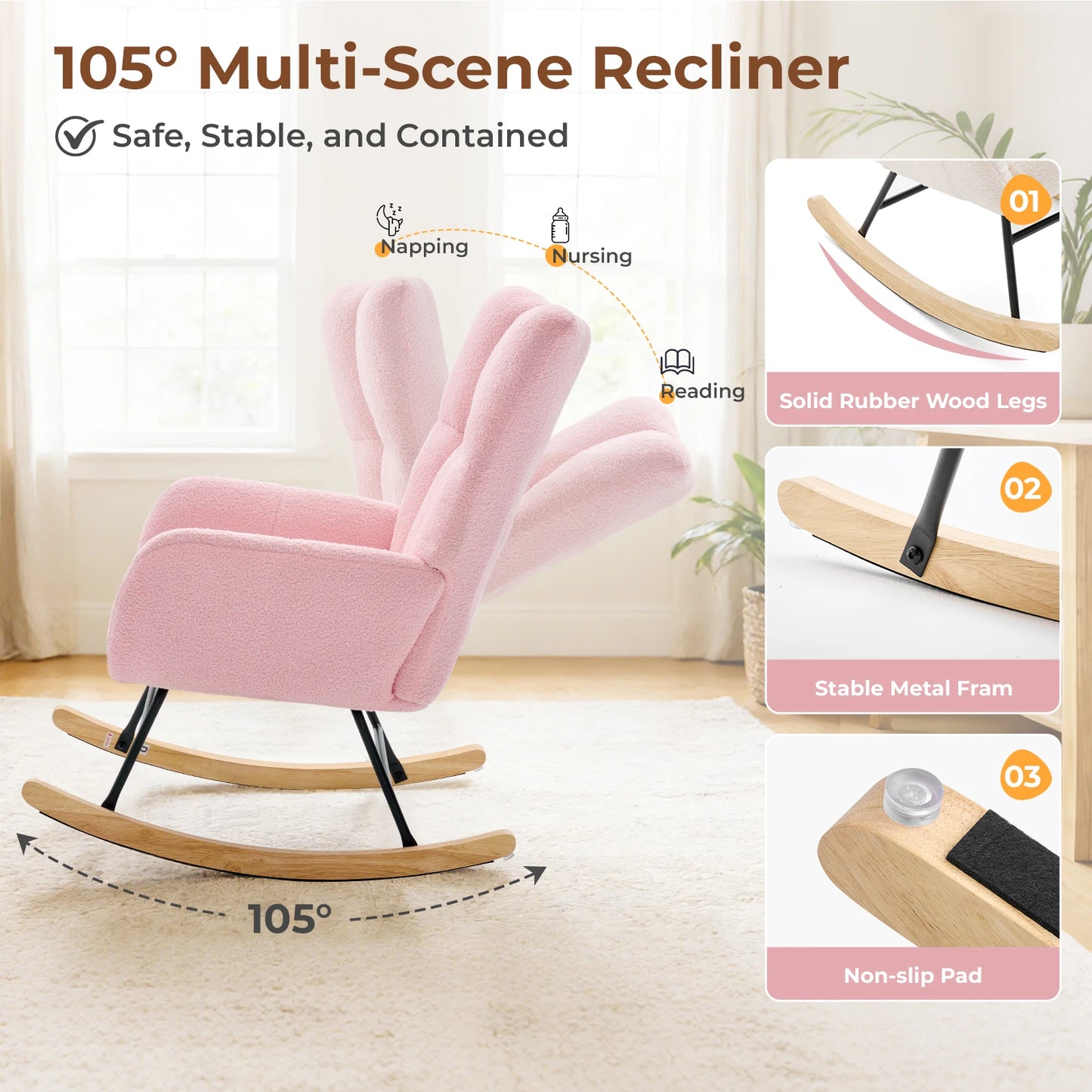 JHK Teddy Upholstered Saucer Rocking Chair with High Backrest Armchair Padded Seat Metal Frame Reading Chair for Living Room