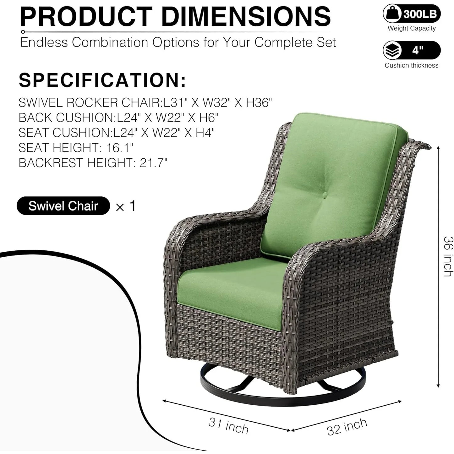 ZHENDAI Outdoor Swivel Rocker Patio Chairs Wicker High Back