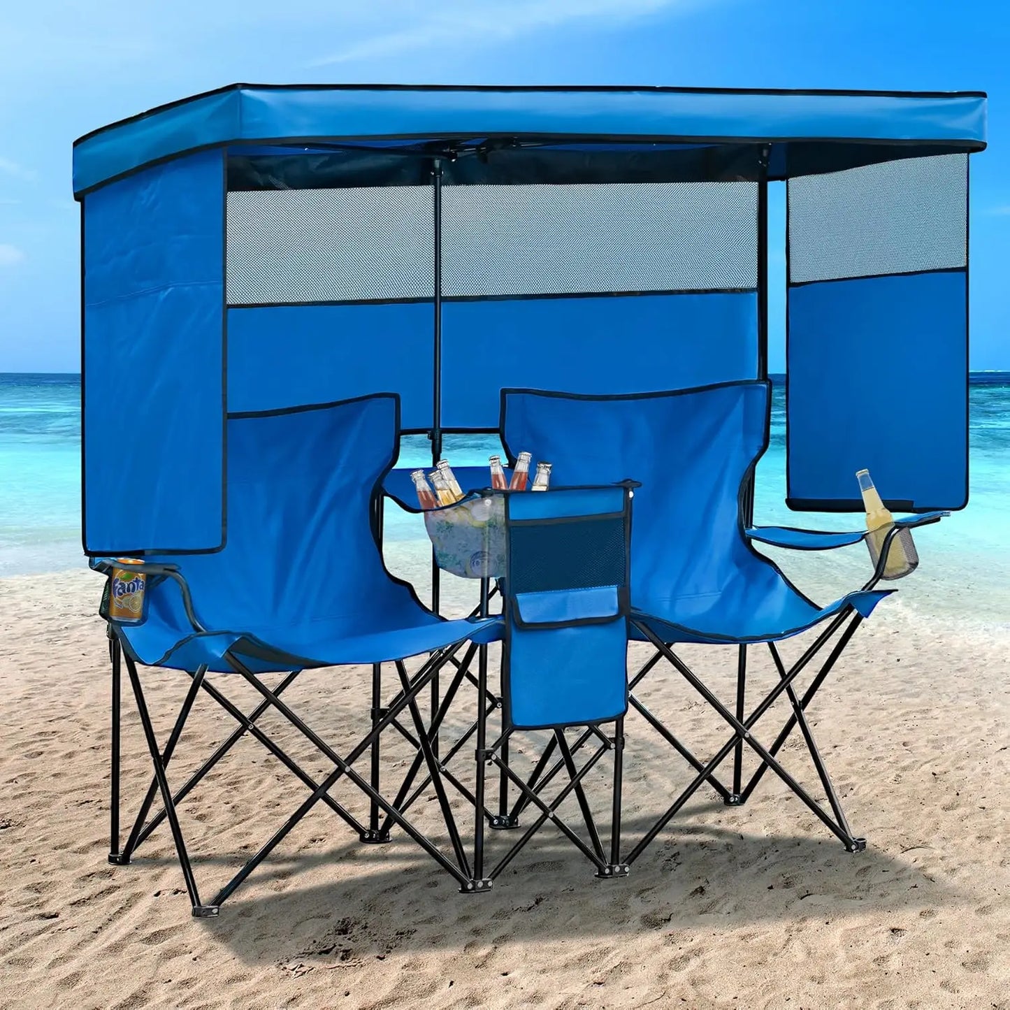 Double Beach Chair With Canopy Shade Folding Cup Holder Loveseat
