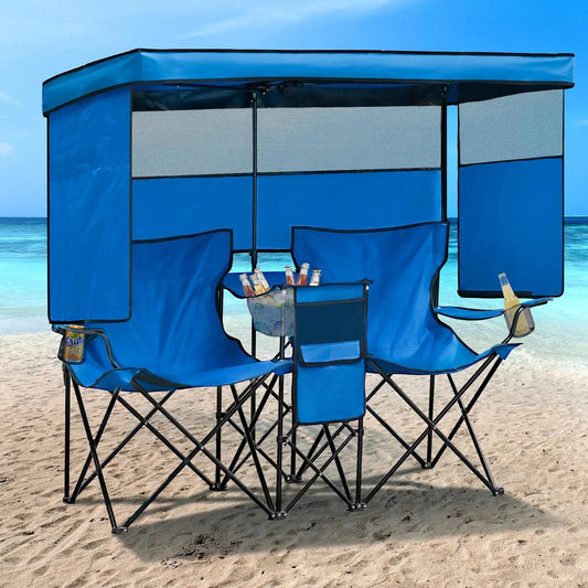 Double Beach Chair With Canopy Shade Folding Cup Holder Loveseat