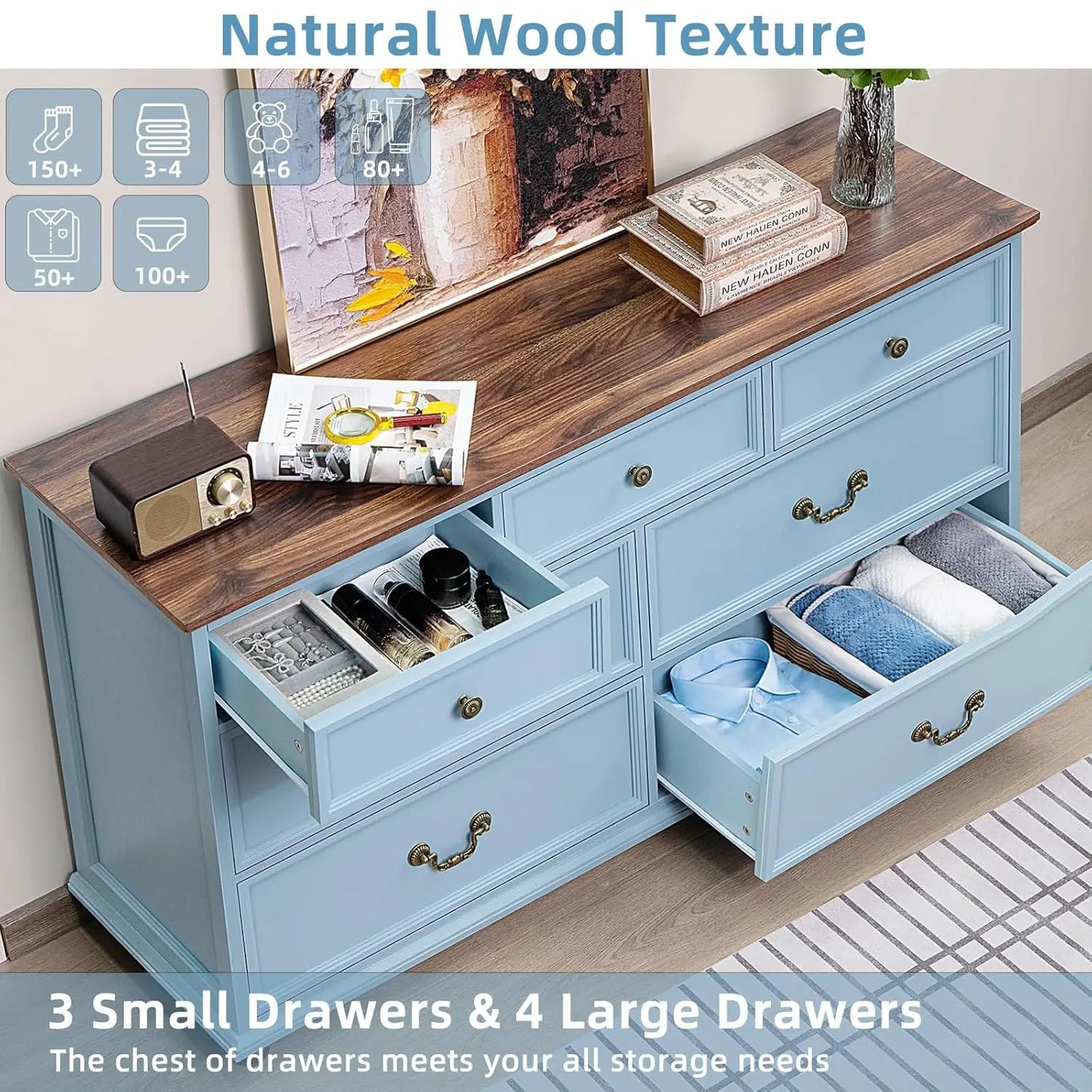 Farmhouse 54" 7 Drawers Dresser for Bedroom, Wide Wood Chest of Drawers w/ 4 Wooden Legs, Vintage Large Storage, Customized