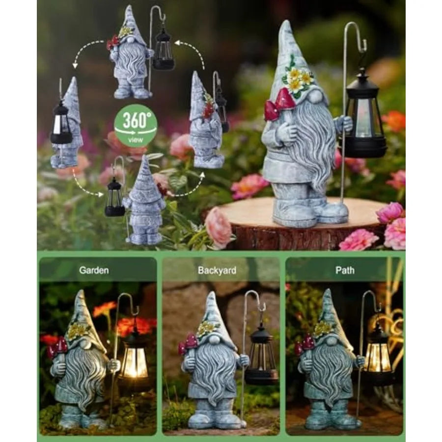 Garden Gnome with Solar Lantern: Outdoor Statue Decorations for Home Yard Lawn Balcony Patio Porch - Mothers Day Gifts for Mom