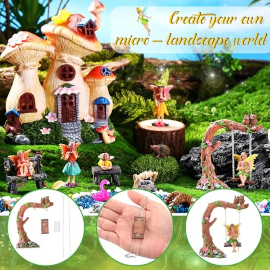 100 Pcs Fairy House Garden Kit Accessories Miniatures Fairy Figures Gnomes Mushroom House Solar Light Resin Dwarfs Statue Micro