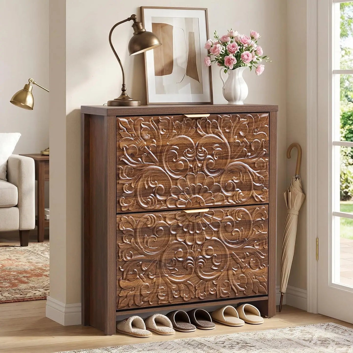 Shoe Cabinet With Flip Drawers 2-Tier Hidden Organizer