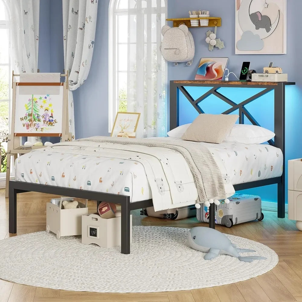 Metal Bed Frame With USB Charging Station LED Lighting Headboard