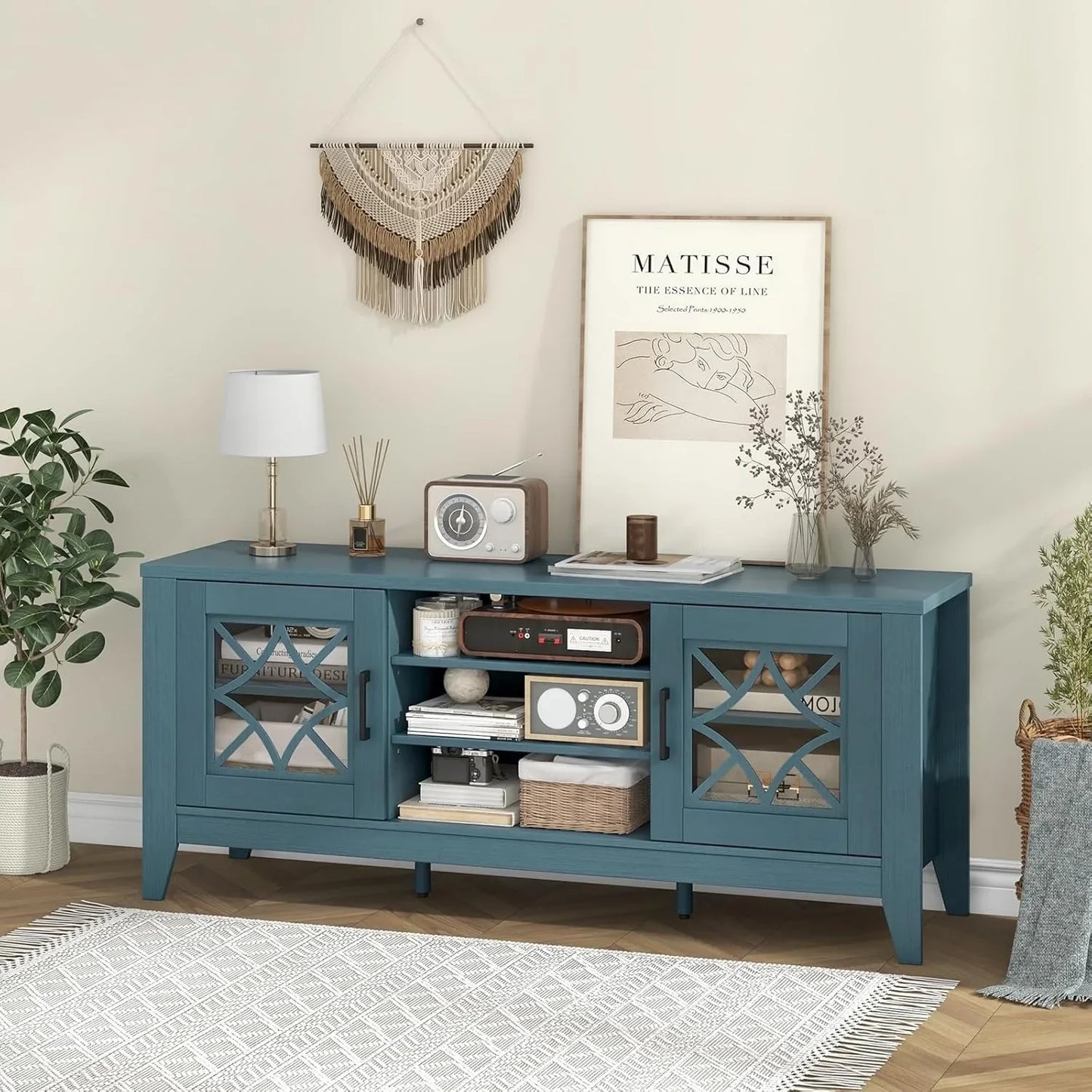 Farmhouse TV Stand With Glass Doors And Adjustable Shelves