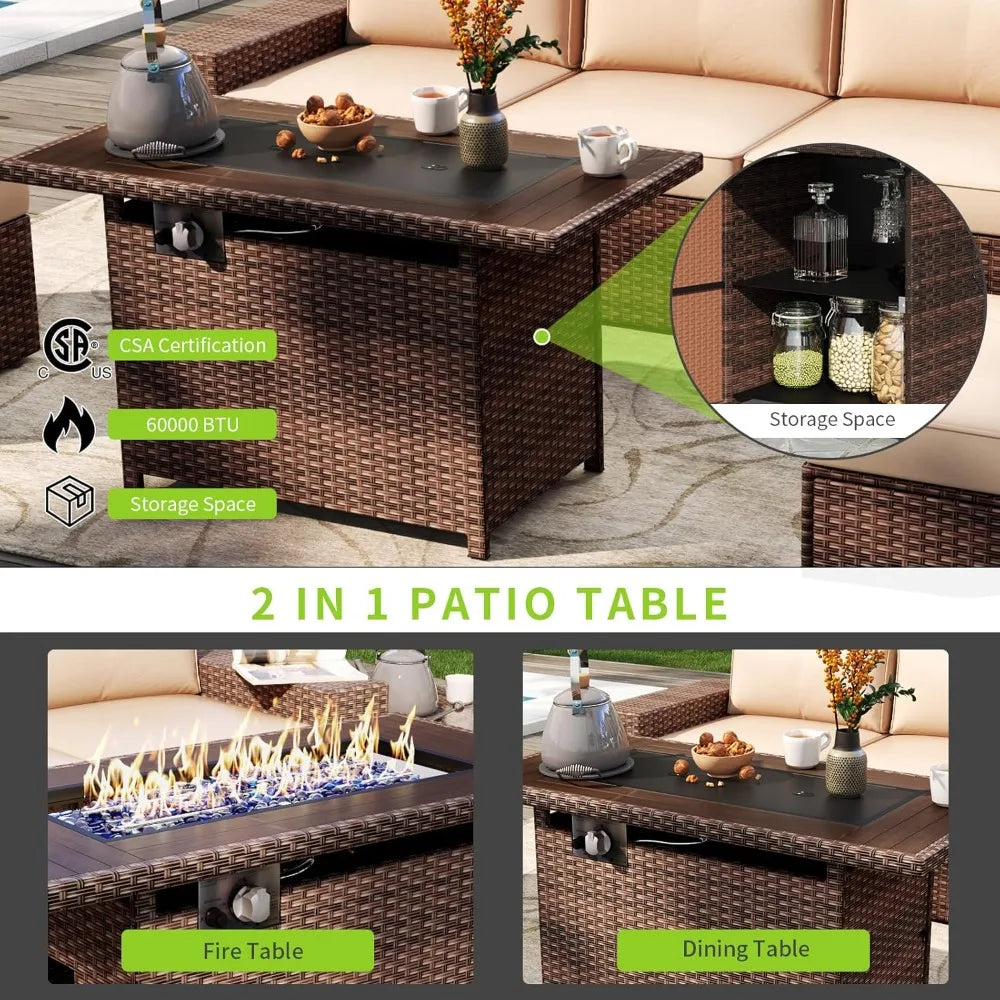 Patio 7 Piece Fire Pit Table Wicker Set Outdoor Cushions