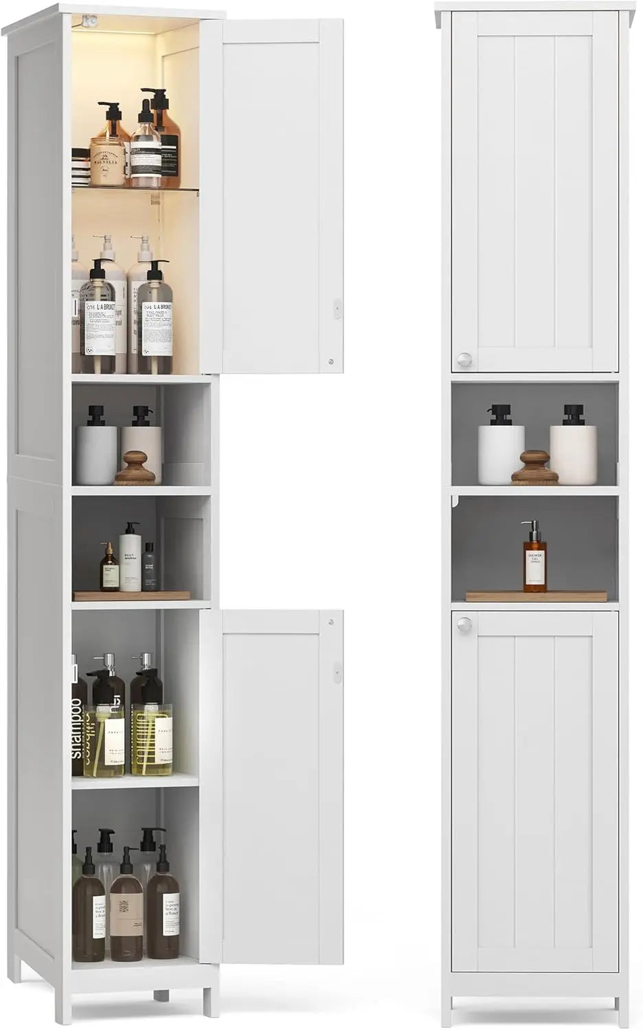 Tall Storage Cabinet with Lights, Slim Freestanding Cabinet with Adjustable Shelves, for Small Spaces, Bathroom, Living Room, Mo