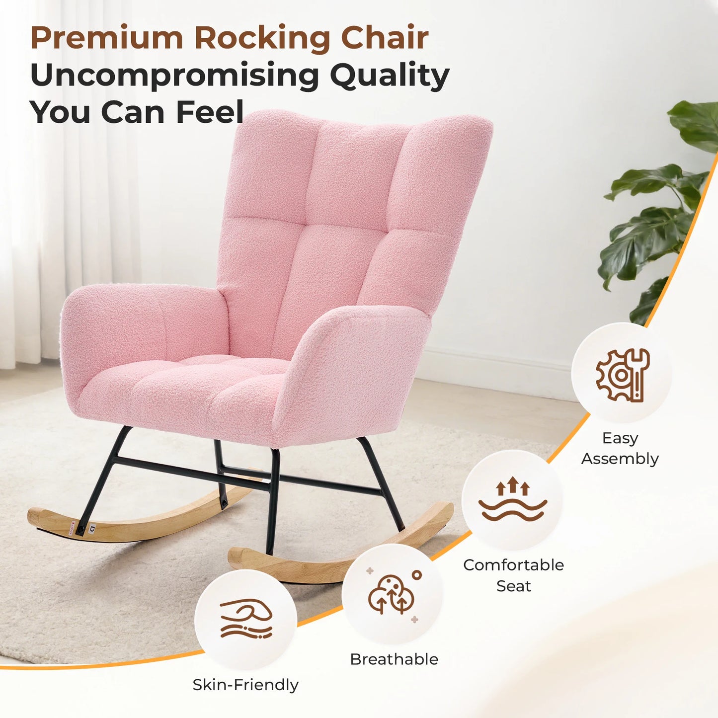 JHK Teddy Upholstered Saucer Rocking Chair with High Backrest Armchair Padded Seat Metal Frame Reading Chair for Living Room