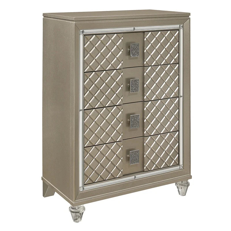 Luxury 4-Drawer Chest with Beveled Mirror Trim and Acrylic Feet, Champagne Finish