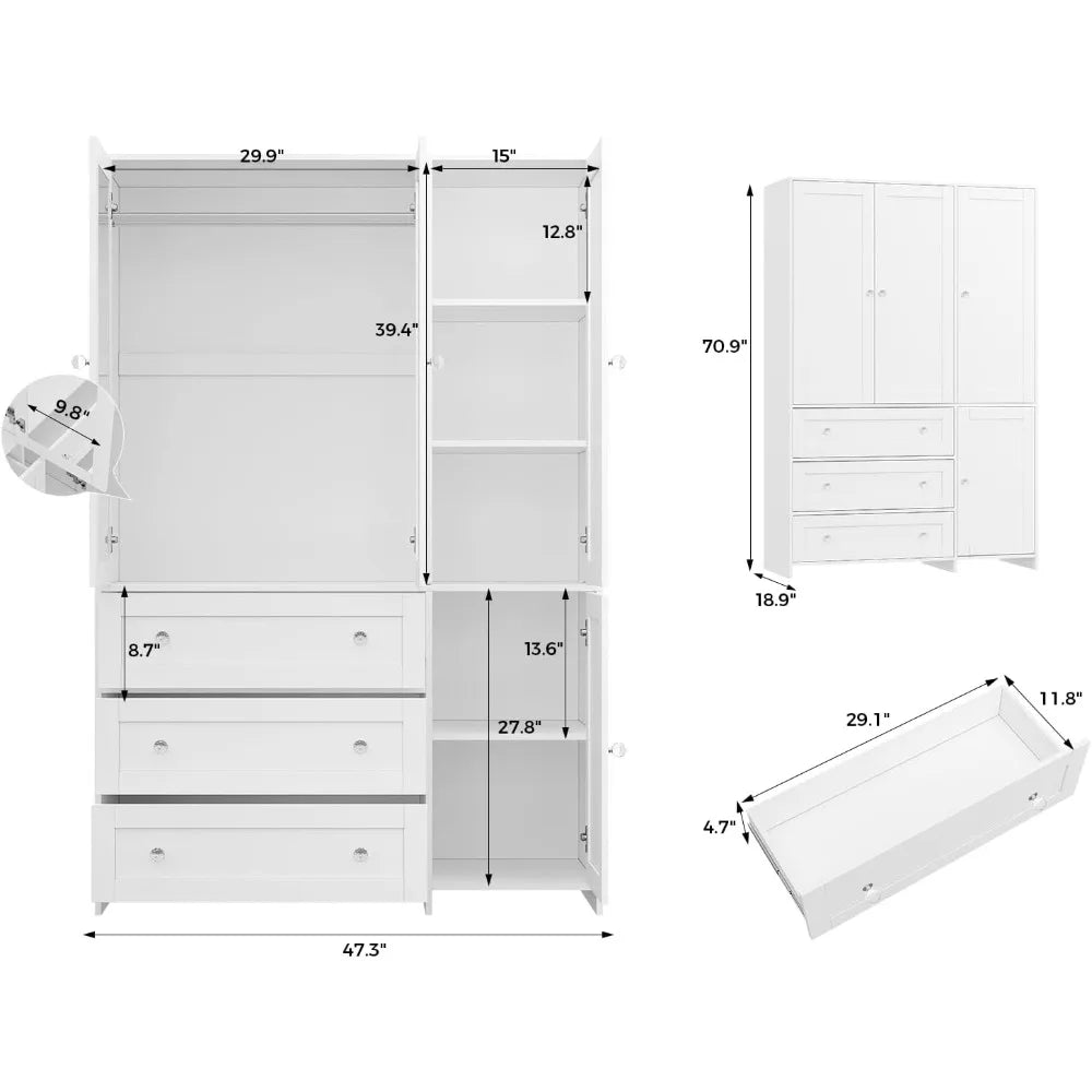 Armoire Wardrobe Closet with Drawers and Mirror, 71" Clothing Storage Cabinet with Hanging Rod, 4 Doors Wooden, Customized