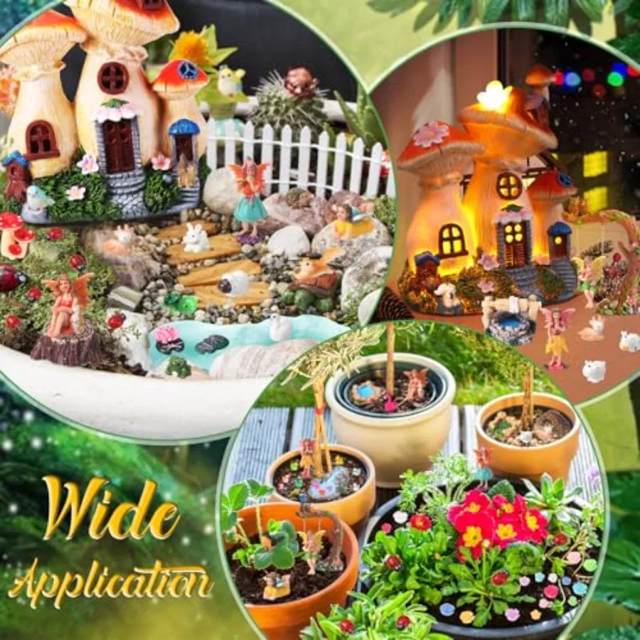 100 Pcs Fairy House Garden Kit Accessories Miniatures Fairy Figures Gnomes Mushroom House Solar Light Resin Dwarfs Statue Micro