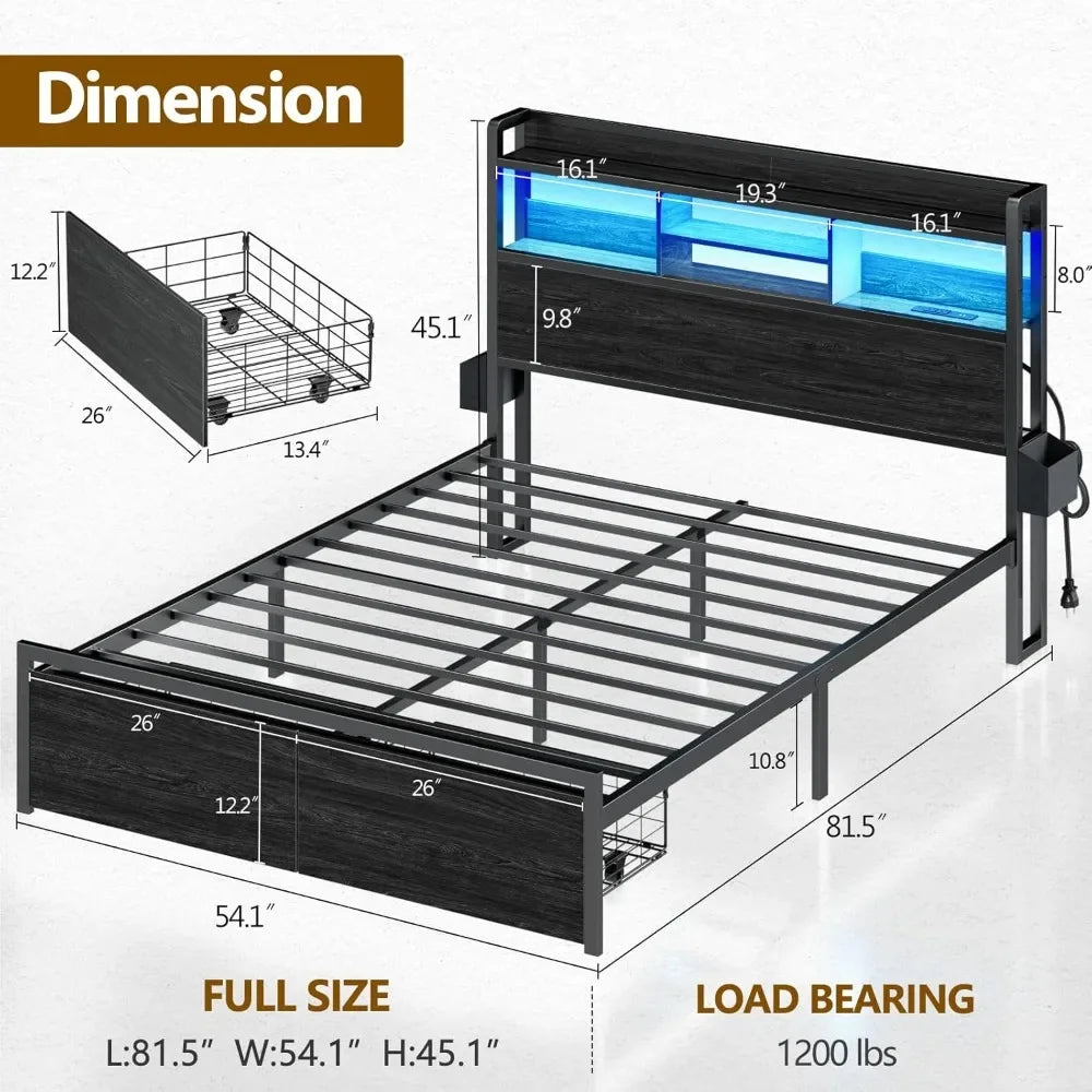 Bed Frame With Wood Headboard And Metal Platform With Drawers