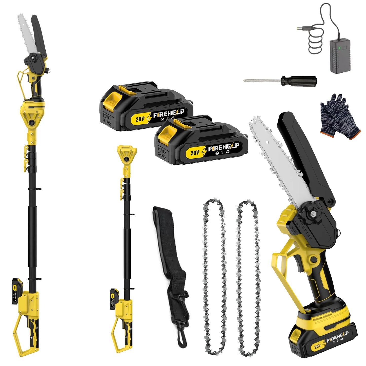 Firenheip 2-in-1 Cordless Pole Saw features an adjustable extension design, ideal for wood cutting and pruning tasks. Perfect fo