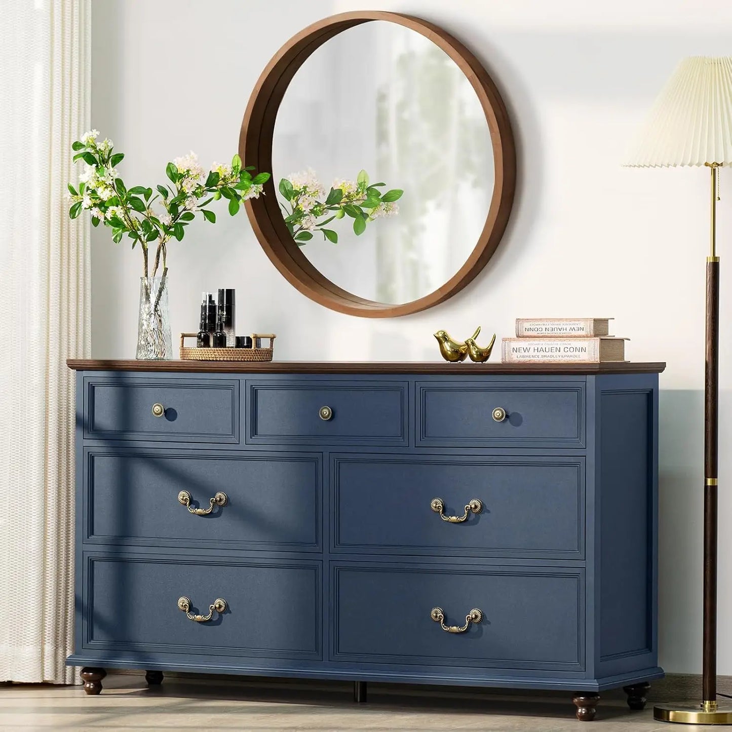 Farmhouse 54" 7 Drawers Dresser for Bedroom, Wide Wood Chest of Drawers w/ 4 Wooden Legs, Vintage Large Storage, Customized