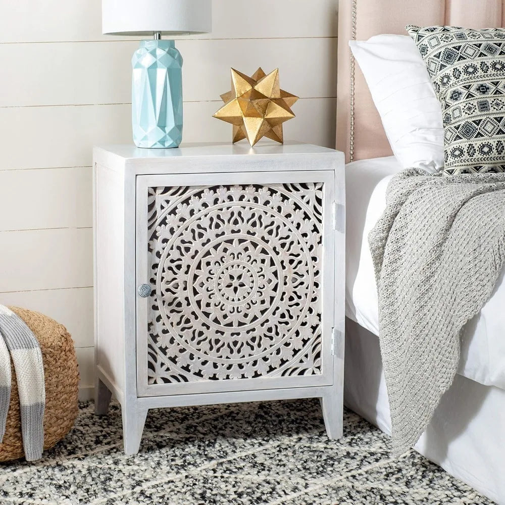 Carved Mandala Door Storage Nightstand Thea Wash Boho Bedroom Table