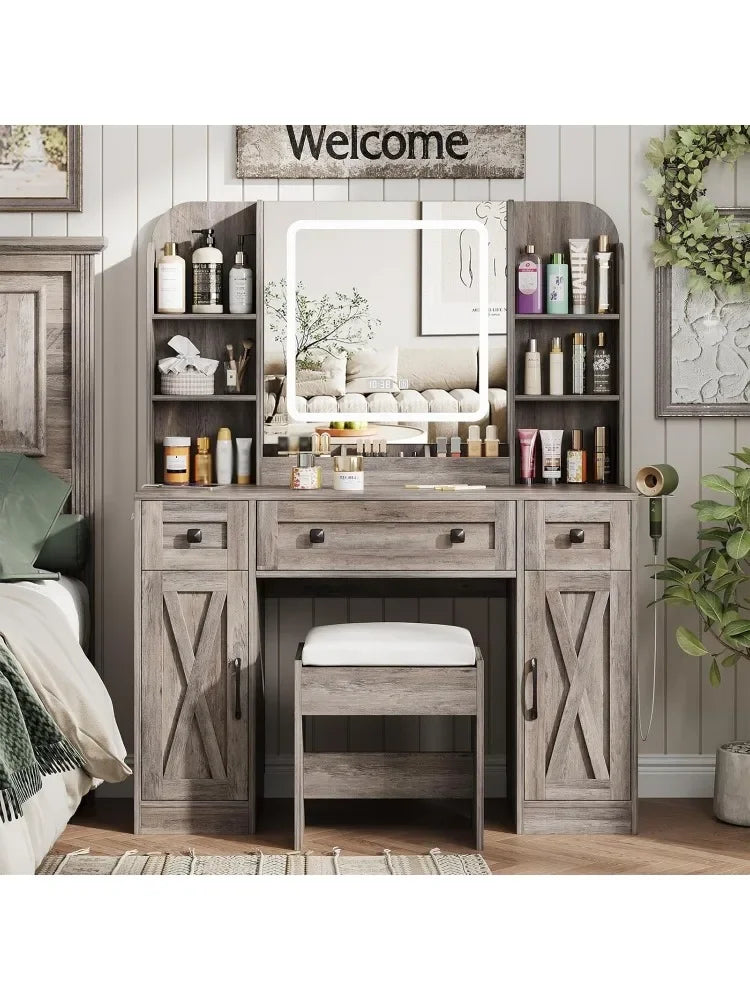 Makeup Vanity Desk With Mirror Lights And Chair Storage Drawers
