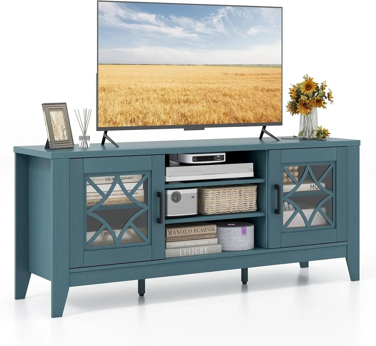 Farmhouse TV Stand With Glass Doors And Adjustable Shelves
