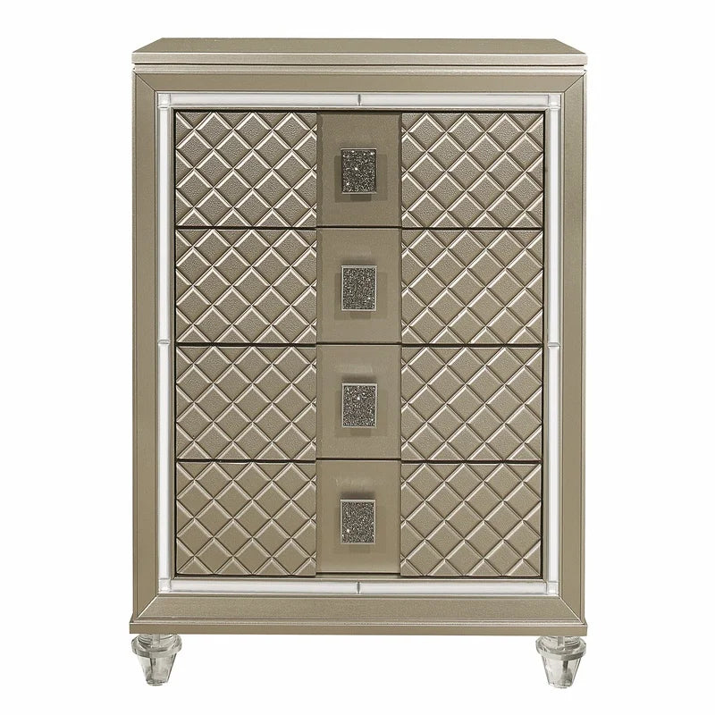 Luxury 4-Drawer Chest with Beveled Mirror Trim and Acrylic Feet, Champagne Finish