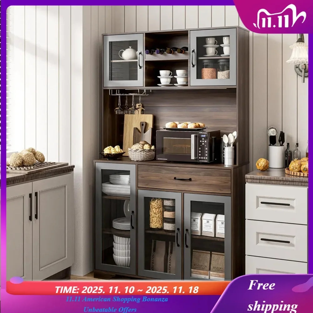 Tall Coffee Bar Cabinet With LED Lights And Charging Station