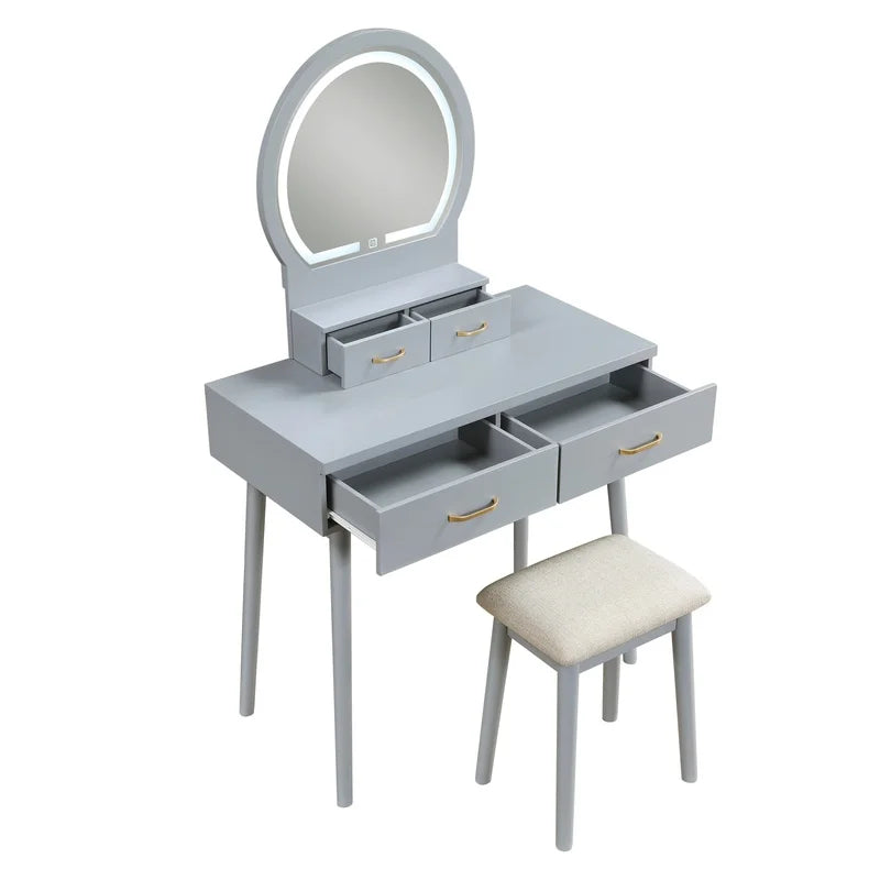 Luxury Gray Vanity Dresser with LED Mirror and Storage Drawer Set