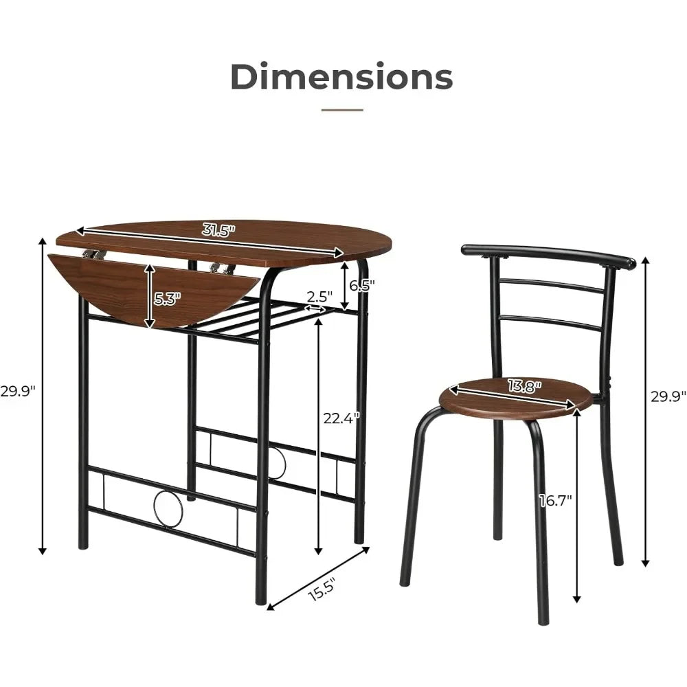 NONED Drop Leaf Round Folding Dining Table Set 3 Pieces For Small Spaces