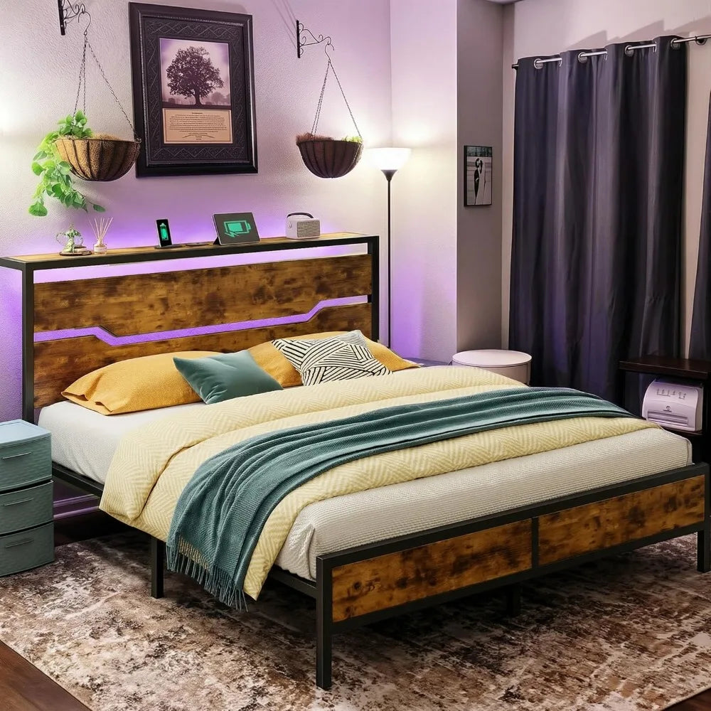 Platform Bed Frame With Headboard LED Lighting And Storage