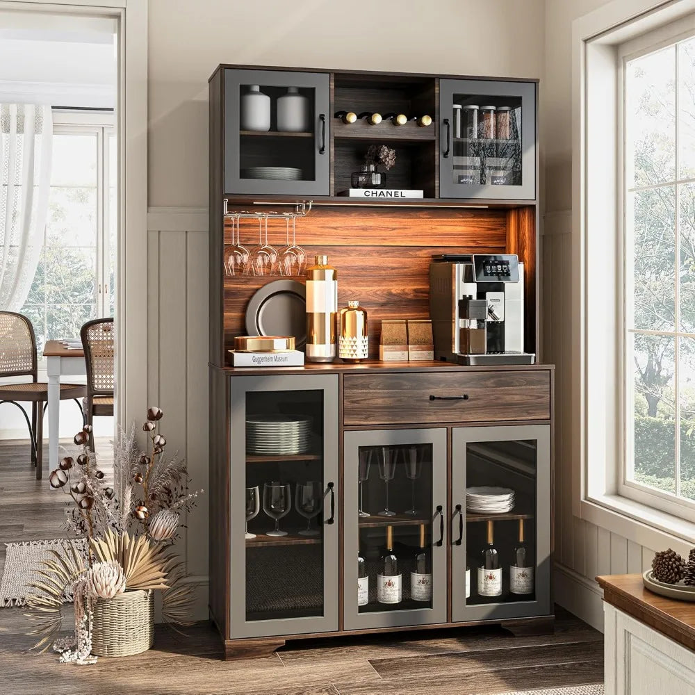Tall Coffee Bar Cabinet With LED Lights And Charging Station