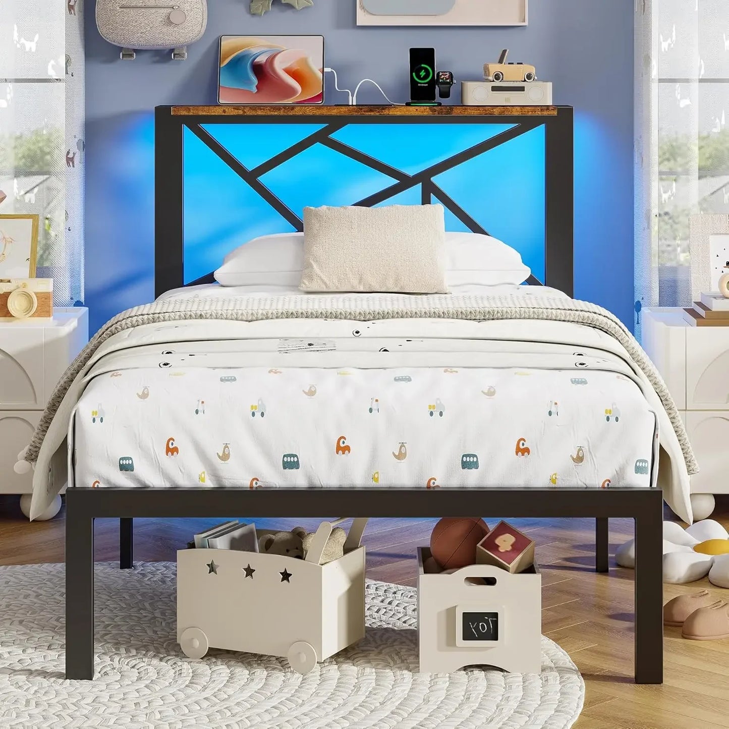 Metal Bed Frame With USB Charging Station And LED Lighting