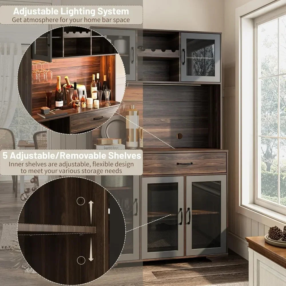 Coffee Bar Cabinet With Charging Station LED Lights Wine Rack