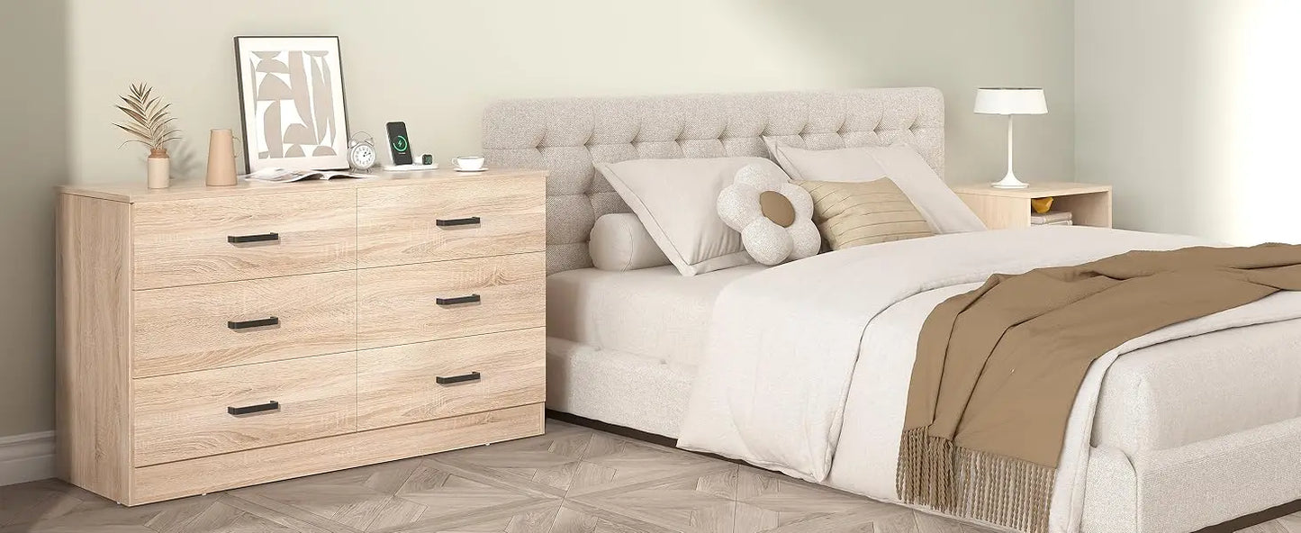 Dresser for Bedroom, 6 Drawer Double Dresser, Modern Chest of Drawers with Deep Drawers, TV Stand Large Storage Organizer