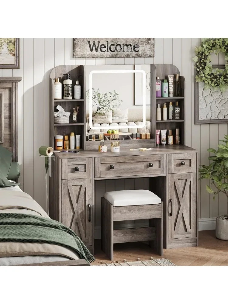 Makeup Vanity Desk With Mirror Lights And Chair Storage Drawers