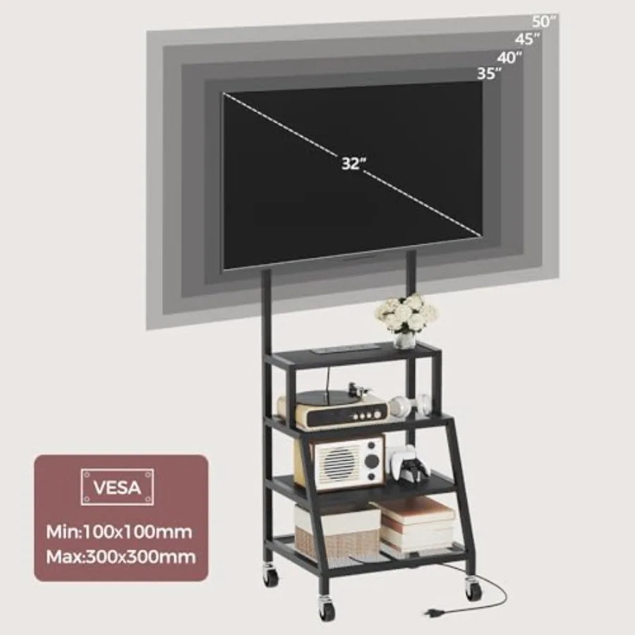 Rolling TV Stand with Mount, Corner TV Console with Wheels Up to 50 Inch, Entertainment Center with Storage, Small TV Stand wit