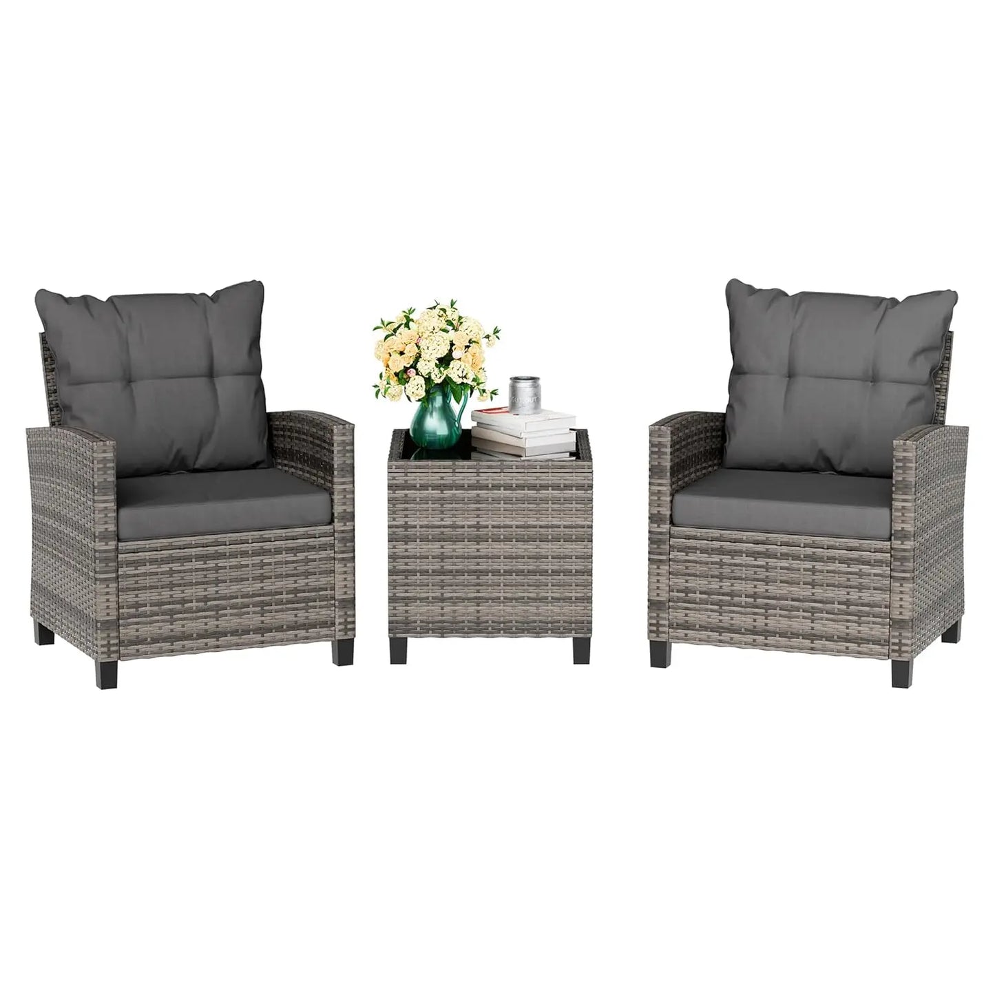 Outdoor 3 Piece Patio Furniture Set Wicker Rattan Cushioned Chairs