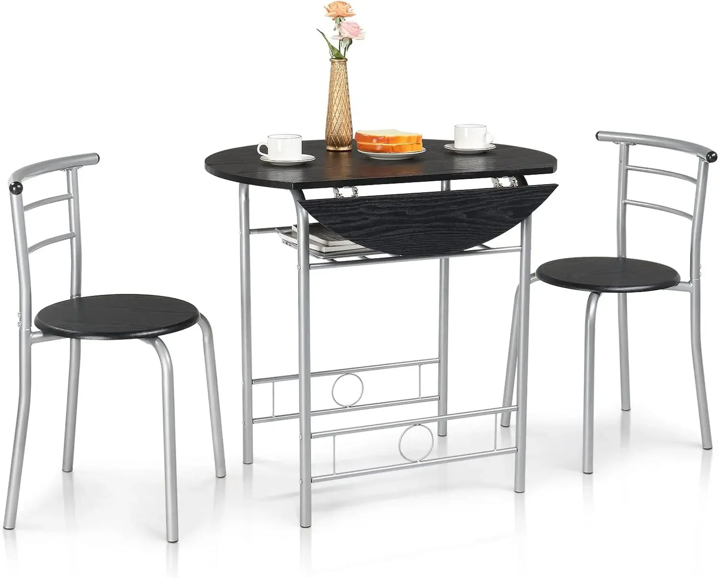 NONED Drop Leaf Round Folding Dining Table Set 3 Pieces For Small Spaces