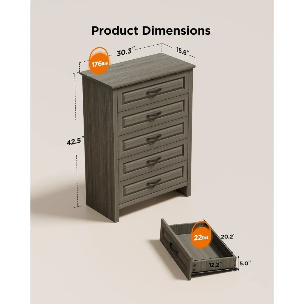 Grey 5 Drawers Dresser Chests for Bedroom, 42.7 Inch Tall Wooden Dresser, Farmhouse Storage Organizer with Large Drawer