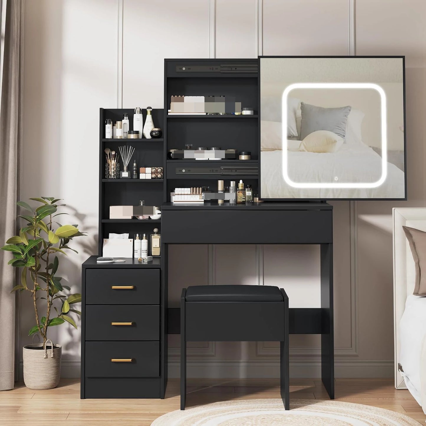Vanity Desk with Mirror and Led Lights, Makeup Vanity Desk with Sliding Lighted Mirror, Dressing Table Storage for Bedroom