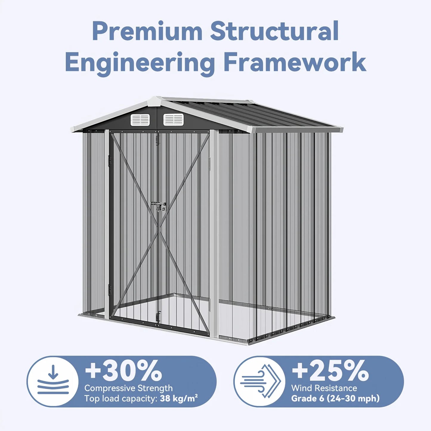 Stylish Gable Roof Metal Storage Shed – 6x4ft / 8x6ft / 10x8ft Options | Lockable Double Doors, Ventilation Panels & Rust-Resistant Coated Steel Construction | Ideal for Garden Tools, Patio Gear or Backyard Organization | E