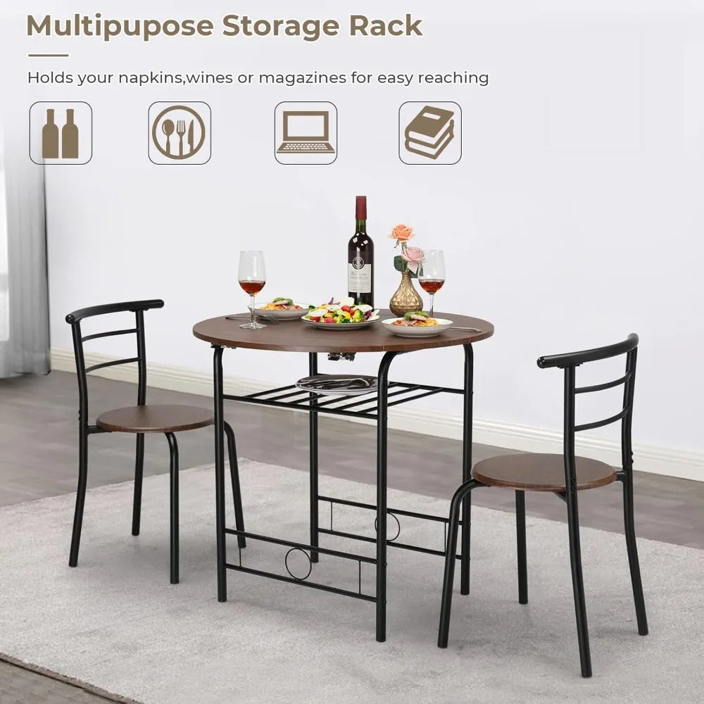 NONED Drop Leaf Round Folding Dining Table Set 3 Pieces For Small Spaces